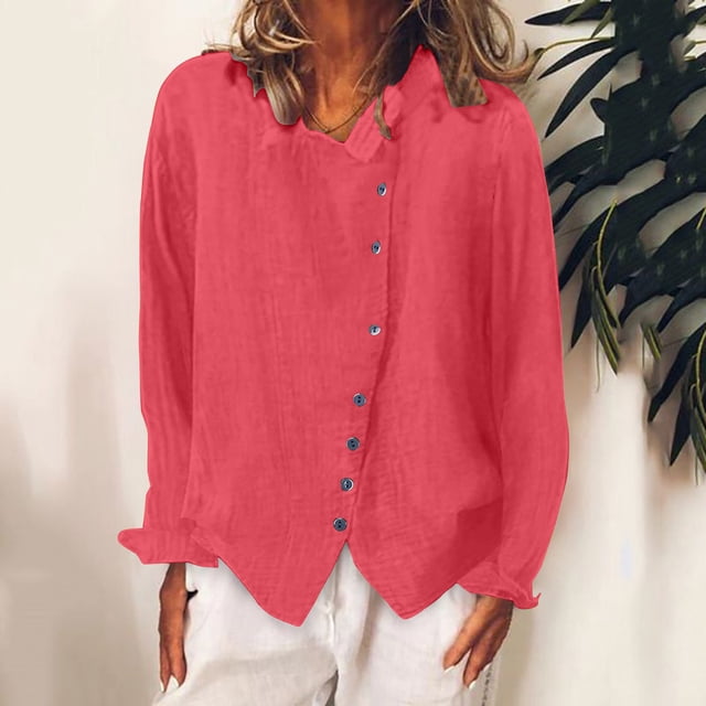 RXIRUCGD Chemise à Manches Longues en Coton et Lin pour Femme, Chemise à Col Rond Unie à la Mode, Chemise/chemise à Manches Longues à Col Rond pour Femme, Rouge, Taille : M