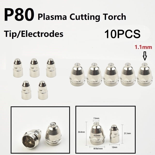 10pcs P-80 Plasma Cutter Consumable Torch Kit 1.1mm-1.7mm Nozzle Tip Electrode