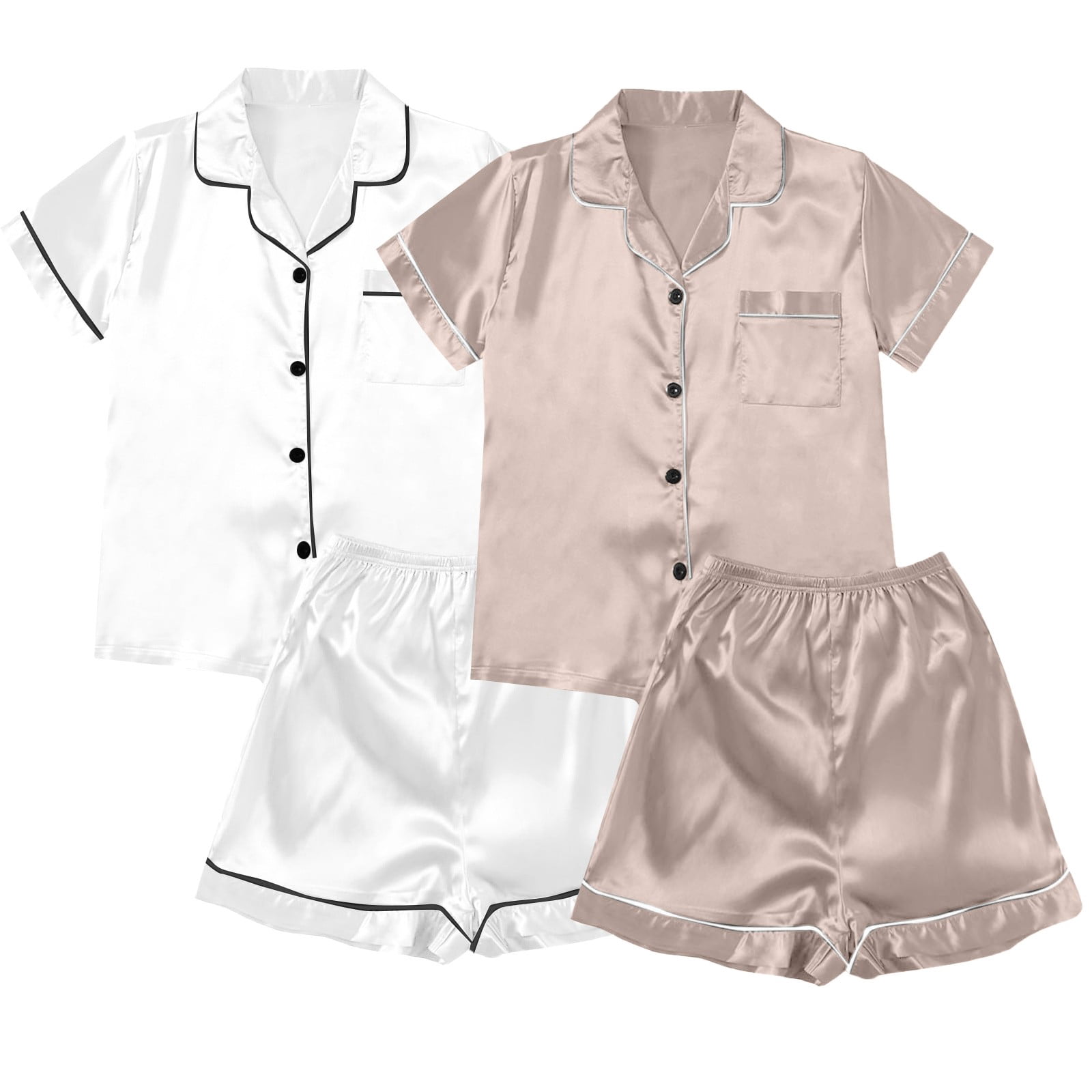 ZJXFGS Sleepwear for Women, Women Pajamas, Satin Pyjamas Women's Short 4 Piece Pyjamas Short Sleeve Sleepwear and Shorts Set Women Leisure Suit Loungewear, Short Pajama Set for Women White 4XL