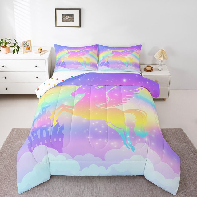 Erosebridal Ensemble de Literie Licorne Scintillante Simple, Couette Princesse Rêveuse, Décoration de Château, Réversible, 2 Pcs