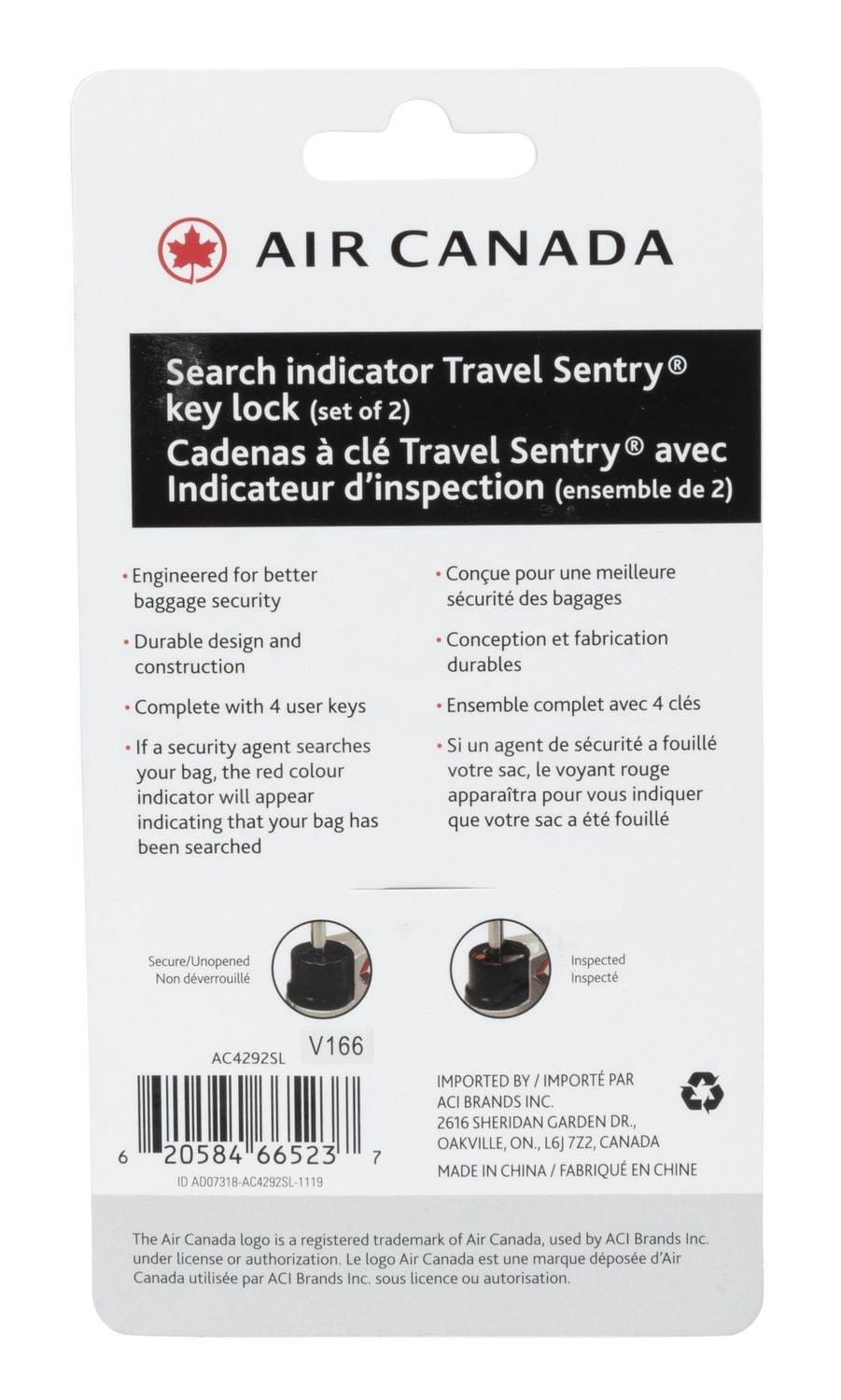 Air Canada Search Indicator Travel Sentry TSA Key Lock
