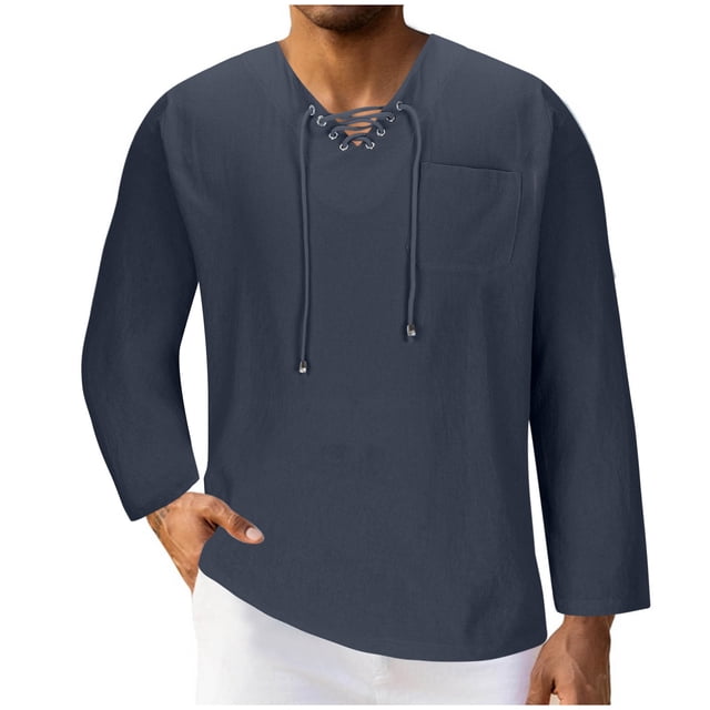 RXIRUCGD Men's Fashion Fallow Drawstring Solid Color Pockets Long Sleeve V-Neck Tops, Navy, Size: 3XL