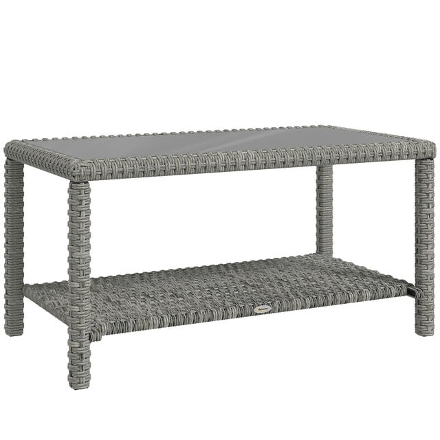 Outsunny 35"Wicker Coffee Table, End Table w/ Glass Top, Storage, Dark Grey