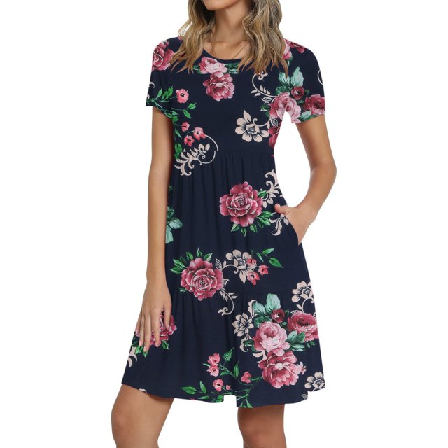 SMihono Robe d'Été Grande Taille pour Femmes 2023 Mode Décontractée Col Rond Couleur Unie Imprimée Manches Courtes