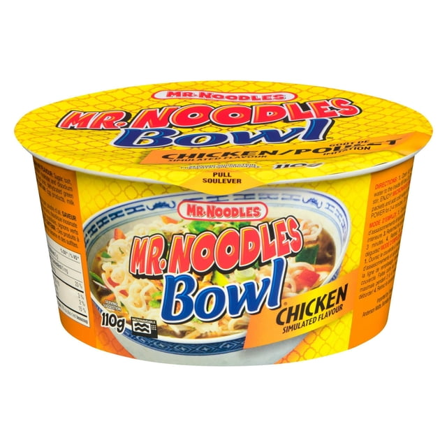 Mr. Noodles Chicken Bowl in a yellow plastic container with a pull-soulever lid, featuring the product name in red and blue text, an image of chicken-flavored ramen noodles in a blue and white bowl, weighing 110 grams, microwaveable with simulated chicken flavour seasoning, ideal for quick, convenient meals.