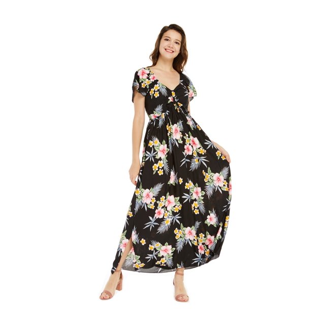 Women's Hawaiian Maxi Ruffle Sleeve Dress in Hibiscus Black