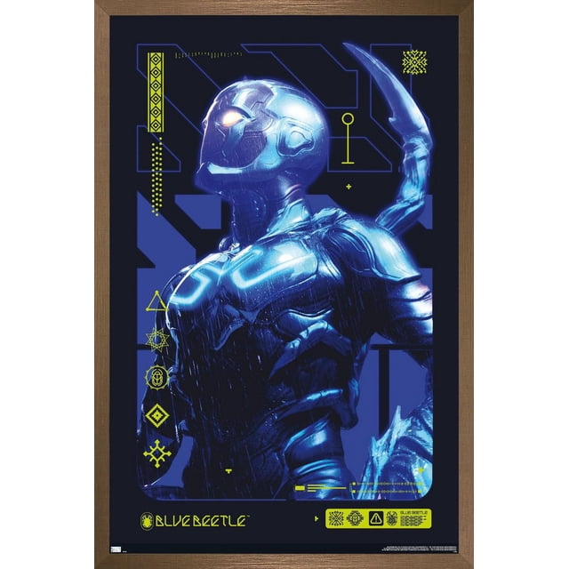 DC Comics Movie Blue Beetle - Biotech Wall Poster, 22.375" x 34", depicting a close-up front view of the Blue Beetle in a glossy blue biomechanical suit with glowing light accents and a clawed arm, set against a dark background with neon yellow geometric symbols, suitable for wall art, posters, and home décor.