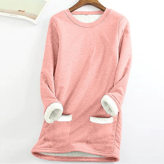 Tenue d'Hiver pour Femmes, Col Rond, Poche, Peluche Épaissie, Chaud, Hauts à Manches Longues, Tenues de Travail pour Femmes en Liquidation