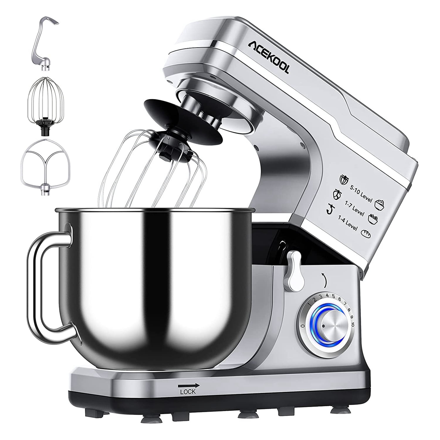 Stand Mixer, Acekool 7.5 Qt 10 Speed Tilt Head Electric Mixer, Silver