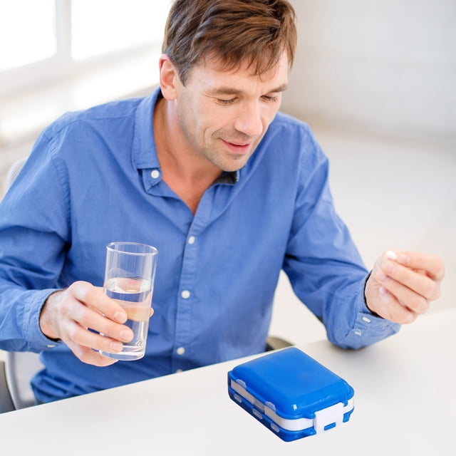 Plastic Medication Dispenser Box Portable Tablet & Capsule Organizer Orange & Blue Pill Cutter Divider 10x7x2cm Travel Health Case