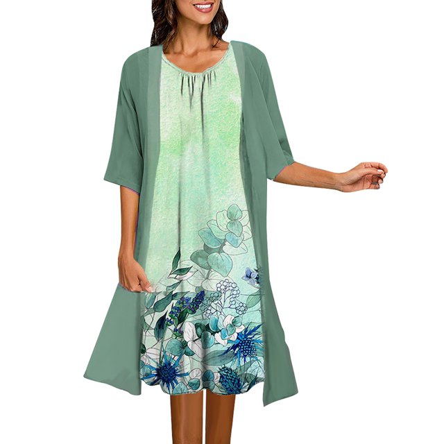 Robes d'Été pour Femmes Deux Pièces Impression Numérique 3D Mode Manches Courtes Grande Taille Vert Menthe TTTG
