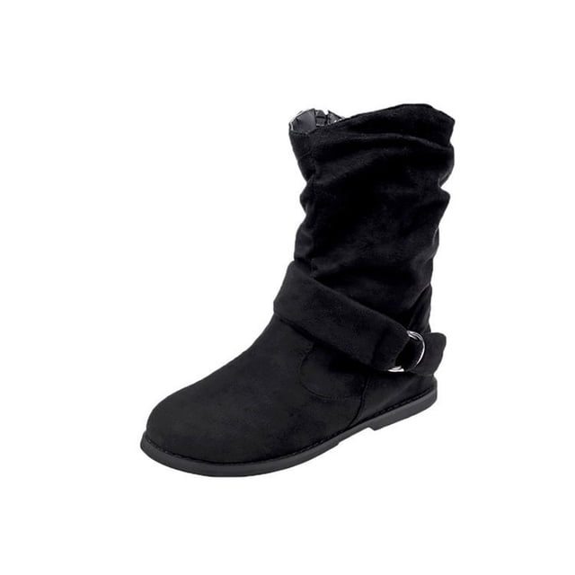 CEHVOM Bottines d'Hiver Plates pour Femmes en Cuir, à Boucle, en Suède, à Fermeture Éclair, Bout Rond