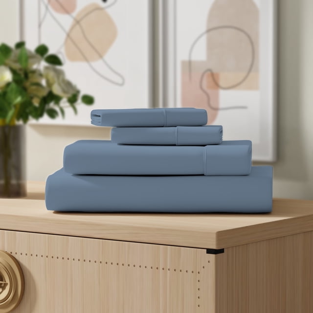 Color Sense 100% Cotton Percale Cool & Crisp 4-Piece Sheet Set King Blue