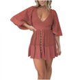 thumbnail image 2 of Ovzne Robes Grande Taille pour Femmes Rondes Robe de Plage Mode Femmes Été Décontractée Col en V Dentelle Manches Courtes Robe Mini Unie Robe de Printemps Manches Courtes Liquidation, 2 of 7