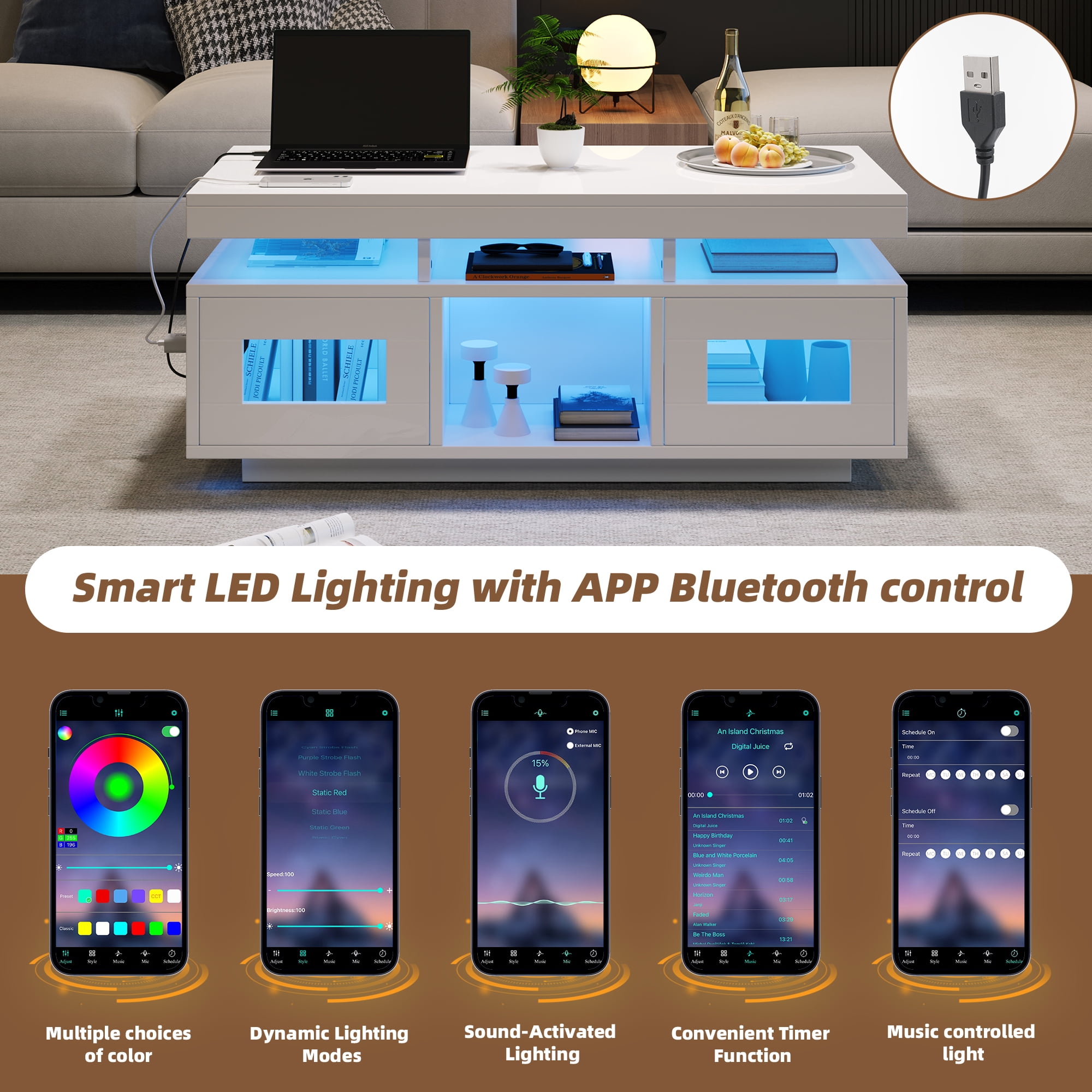Noble House Table basse haute brillance avec lumières LED, Ports et prises USB, Centre 2 portes et Table d’appoint canapé, blanc