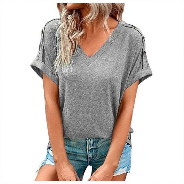 Timegard Tops for Women V Neck Short Sleeve Button Comfy Summer Casual Loose Tops Tee Solid Color