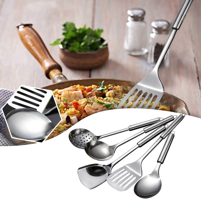 Riforla 5Pcs/set Stainless Steel Kitchen Cooking Tools Utensil Set, including a spatula, spoon, scoop, slotted spoon, and ladle. Made of durable stainless steel with a polished silver finish and hanging hole design for easy storage. Ideal for cooking and kitchen organization, shown in a food preparation setting.