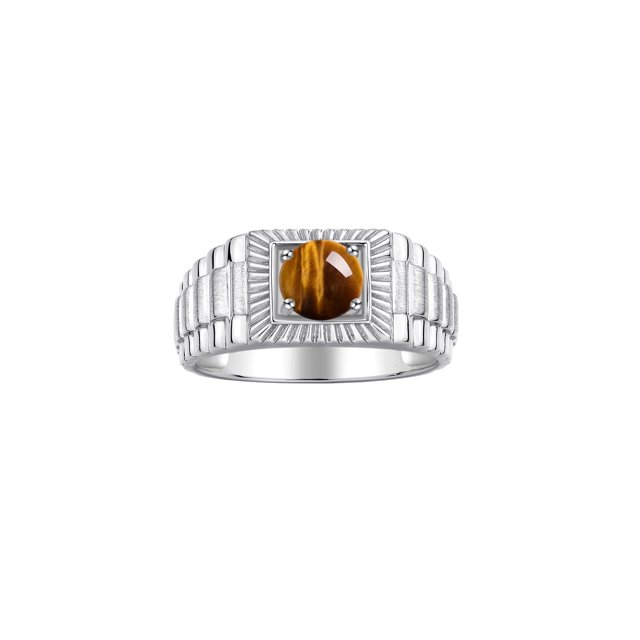 RYLOS Men's Ring 14K White Gold Ring, 7MM Round Shape Gemstone Designer Style Rings Tiger Eye November Birthstone Rings Gold Size 9