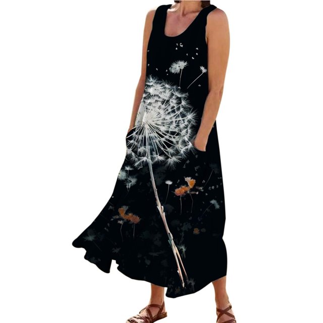 TJAZFJPA Robe à une Épaule pour Femmes Mode pour Femmes Col Rond Décontractée Imprimé Pissenlit 3D Sans Poignets Poche Longue Robe Débardeur Robe Décontractée Robe d'Hiver Invitée de Mariage pour Femmes