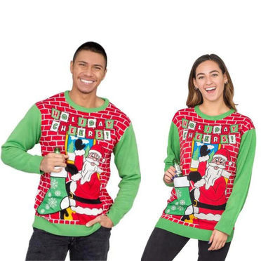 Couple - Joyeuses Fêtes! Père Noël avec Porte-Bière Bas Chandail pour Couple Chandail Ugly Christmas pour Couple