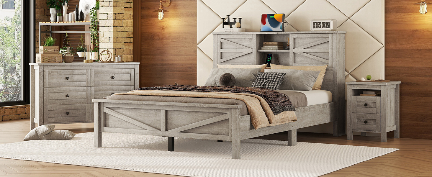 Ensemble de chambre 3 pièces Noble House : lit plateforme de style ferme, grand lit, gris antique