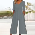 thumbnail image 2 of Yuyuzo Womens Wide Leg Jumpsuits Short Sleeve V Neck Casual Loose Comfy Button Split Rompers with Pockets, 2 of 6