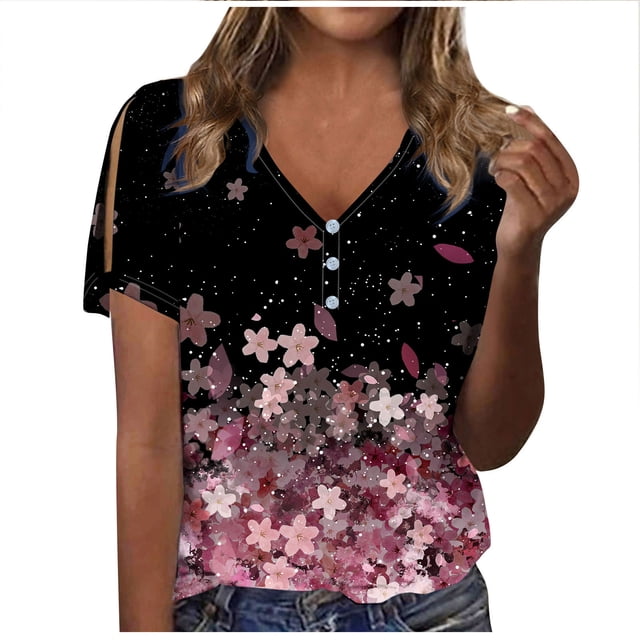 Penkiiy Ladies Tee V-Neck Shirt Button Short Sleeve Blouse Print Tshirt Basic Regular 2024 Spring Tops M Purple