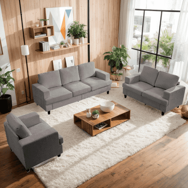 ZAFLY 3 Piece Living Room Sofa Set with Solid Wood, Chenille Couch and Loveseat Sets - Light Gray