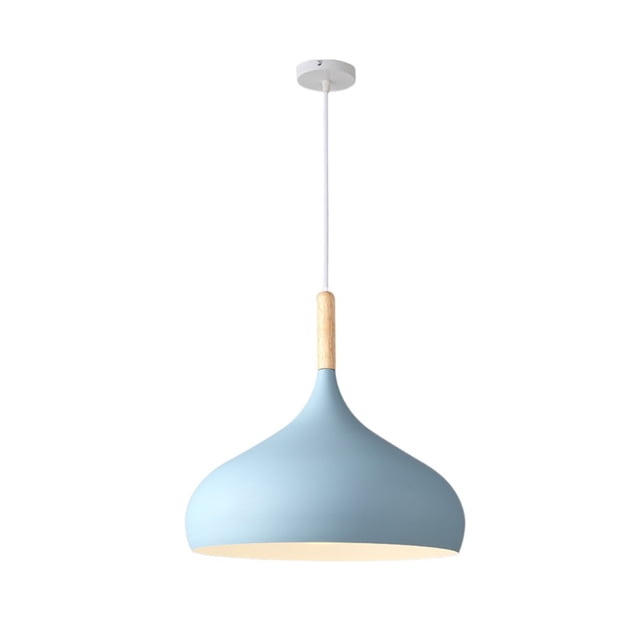 Wood Metal Colorful Pendant Lamp with a light blue aluminum shade and natural wood accent, showcasing a modern industrial style. Features an adjustable hanging wire up to 39.3 inches and a white metal ceiling plate. Suitable for kitchen islands, dining tables, bars, cafes, and farmhouse interiors. Compatible with E27 bulbs, max 60W, and requires hardwired installation.