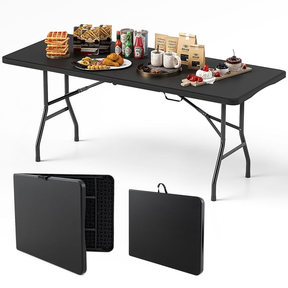 Gymax 6 ft Portable Folding Table w/HDPE Tabletop Safe Lock Mechanism Carrying Handle Black