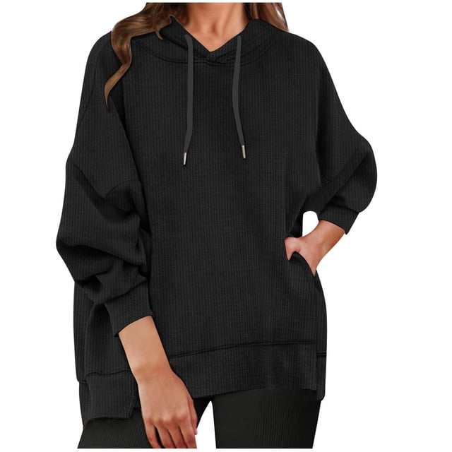 Pisexur Womens Hoodies Solid Color Hooded Sweatshirt Casual Drawstring Oversized Hoodie Fashion Loose Ribbed Fall Tops Pullover Tops with Pocket