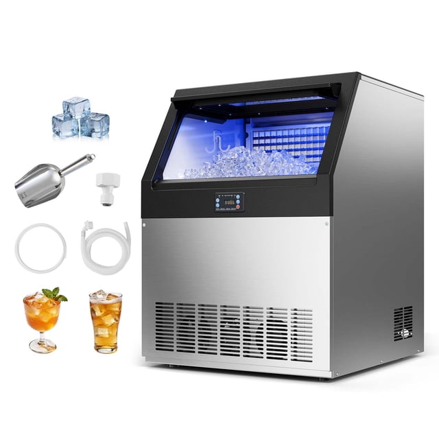 VEVOR Commercial Ice Maker Machine, 265 lbs/24h with 85 lbs Storage Capacity, Built-in/Freestanding/Under Counter, Stainless Steel Ice Maker with LED Display & Self-Cleaning, for Home