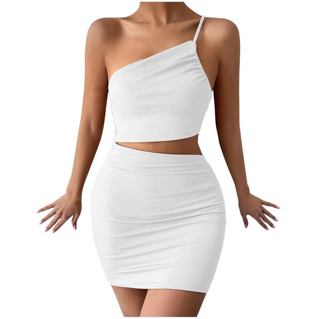 Bigersell Robes Trapèze pour Femmes Couleur Unie Design Mode Moulant à Cordon Robe Courte à une Épaule Robe T-Shirt pour Femmes Style 20459, Robes Maxi pour Femme Blanc G