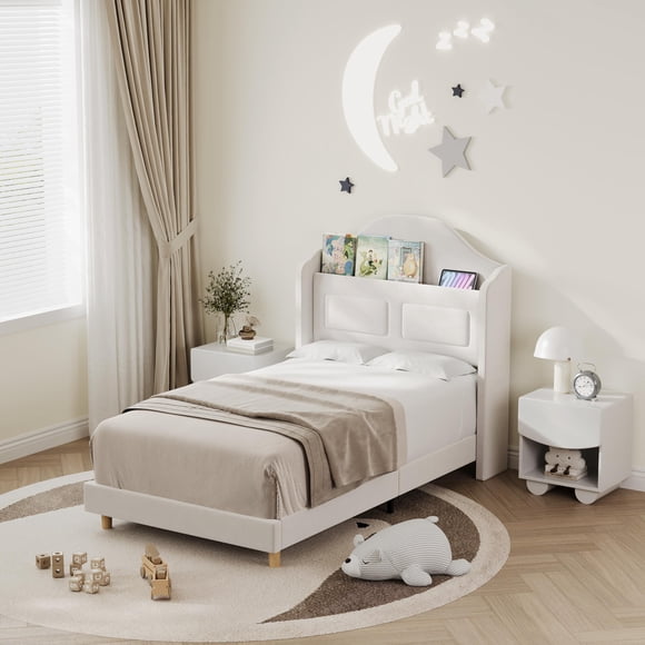 QinaQin Velvet Platform Bed Frame with Wingback Headboard, Storage Shelf and LED Lights, No Box Spring Required