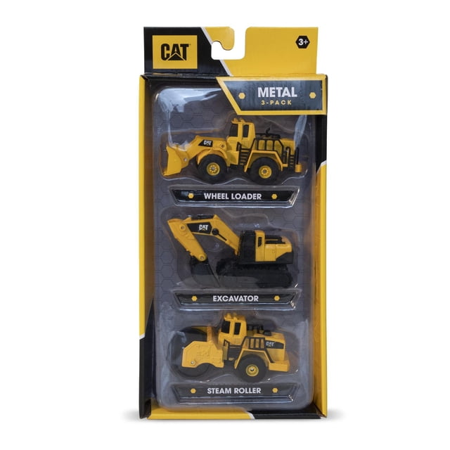 Cat® Metal 3 pack Wheel Loader/Excavator/Steam Roller with three yellow metal toy construction vehicles featuring articulated parts: a wheel loader with front bucket, an excavator with movable arm and bucket on black tracks, and a steam roller with textured roller drum, all in branded yellow and black packaging suitable for ages 3 and up.
