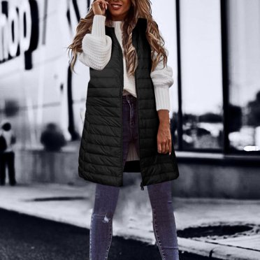 Bmisegm Women's Down Vest Long Winter Thin and Light Down Coat Casual Down Coat Slim Gilet Quilted Jacket Outdoor Winter Coat Vest with Pockets Jackets for Women Black L