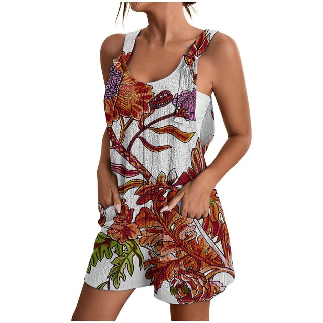 Pisexur Combinaison Casual Plus de Taille pour Femmes Summer Floral Sans Manches Ample Réglable Spaghetti Sangle Short Extensible une Pièce Combinaisons avec Poches S-3XL