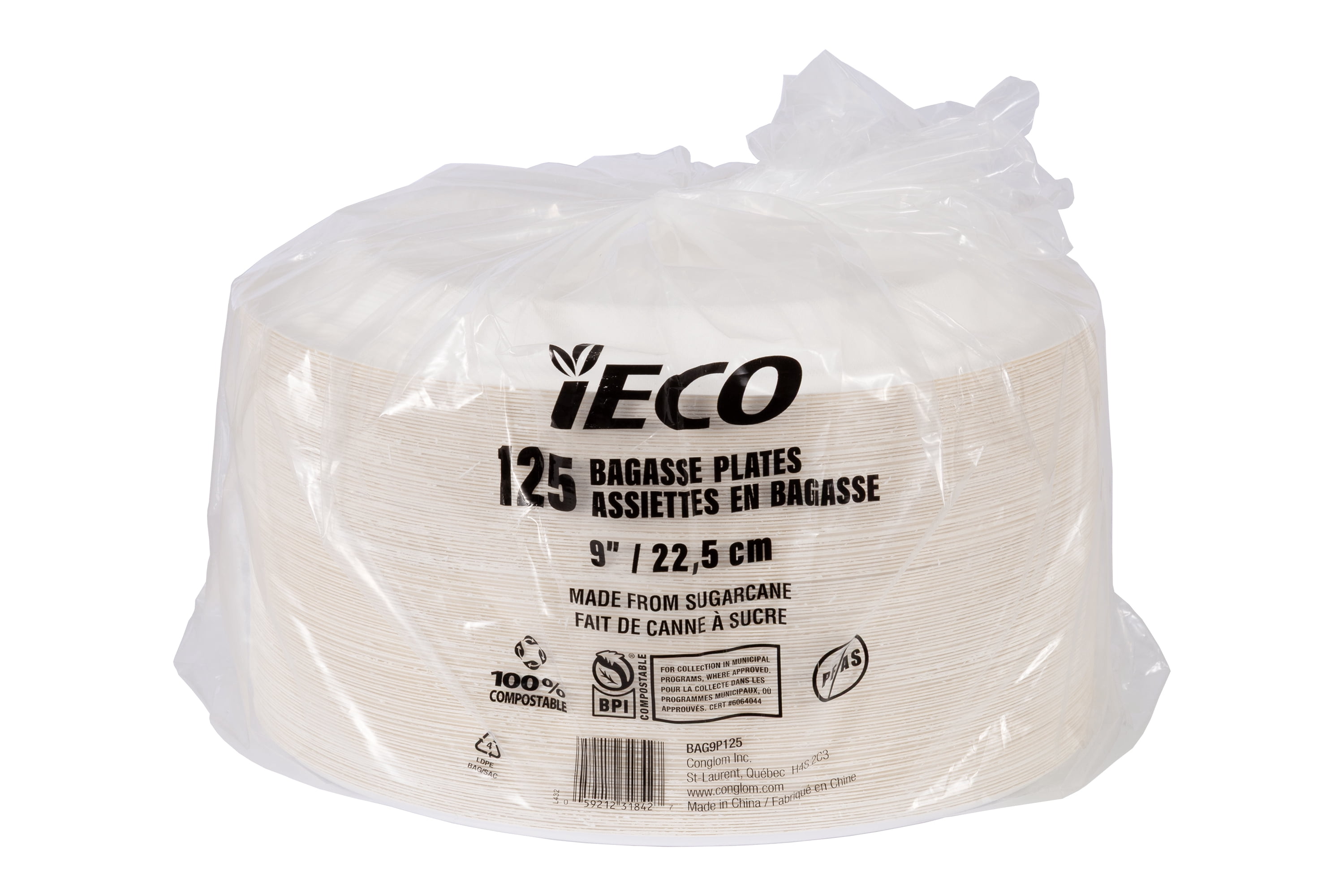 iECO Assiettes à repas léger en bagasse 9 po, 125 assiettes