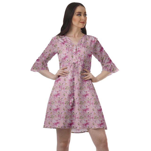 Moomaya Robe Chemise en Poly-Crêpe pour Femmes, Manches à Volants Imprimées, Tenue Décontractée d'Été