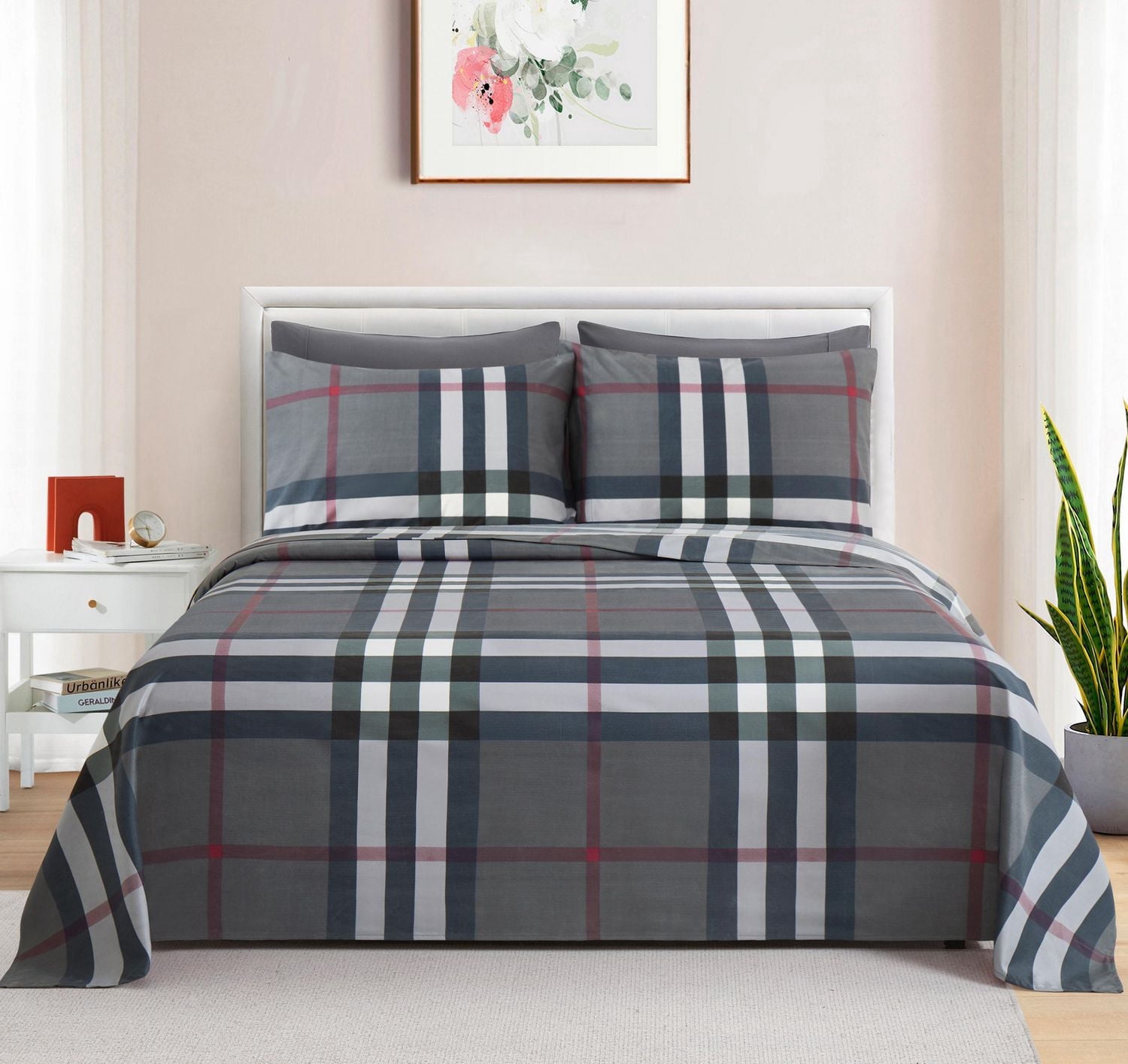 Literie Marina Décoration ultra douce, soyeuse et riche en soie, imprimée, en rayonne de bambou, toutes saisons, avec taies d'oreiller, motif tartan gris moderne