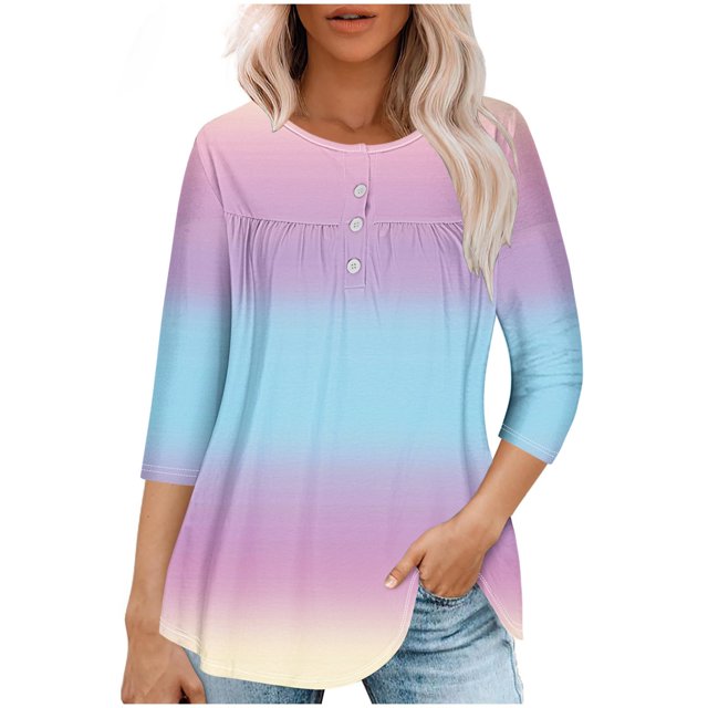 Pisexur Womens Plus Size Sweatshirt Gradients 3/4 Length Sleeve Tops Fall V-Neck Blouses Spring Ruffle Sleeve Tunic T-Shirts Dressy Casual