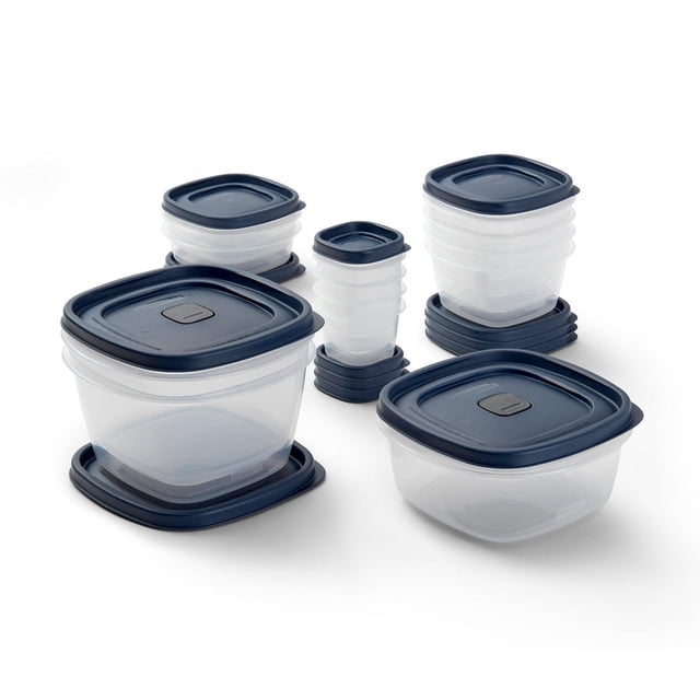 Rubbermaid Easy Find Lids food storage containers with vented navy blue lids in a 26-piece set of various sizes of translucent plastic meal prep containers stacked with lids, designed for kitchen and cabinet organization and microwave reheating.