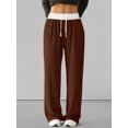 thumbnail image 4 of Women'S Contrast Color Waistband Sweatpants Wide Leg Pants with Drawstring Buckle Brown L, 4 of 8