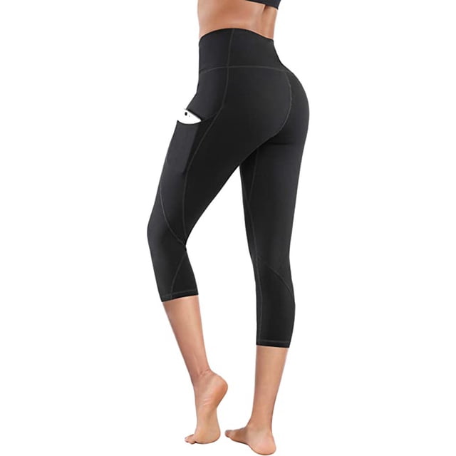 DPTALR Women's Quick Dry Solid Pocket Capris Yoga Pants in black, featuring a high-waisted design with a side pocket. Made from lightweight spandex material, these capris offer a comfortable and casual fit, ideal for yoga, lounging, or outdoor activities. The solid black colour and sleek stitching provide a stylish and versatile look.