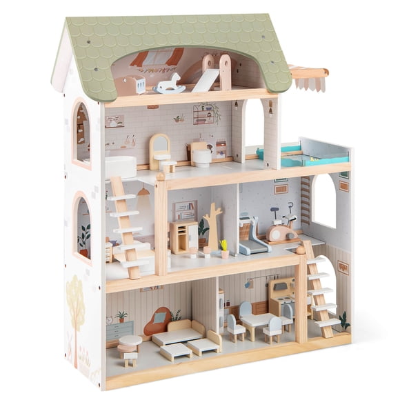 Costway Kids Wooden Dollhouse 4-Story Modern Doll House with 33Pcs Furniture Accessories
