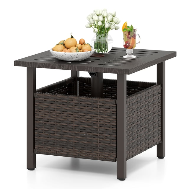 Patiojoy Outdoor Side Table with 1.93" Umbrella Hole All-Weather PE Wicker Patio Umbrella Table with Rustproof Frame