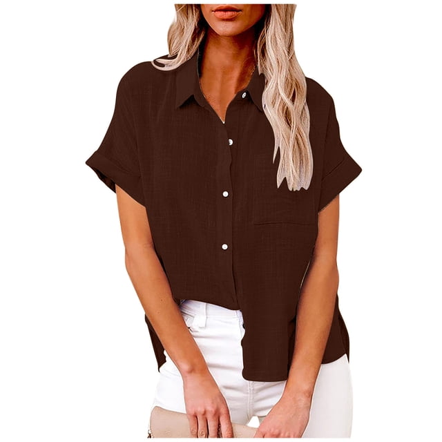 Meichang Womens Cotton Linen Button Down Shirts Short Sleeve Tshirts Collared Tops Plus Size Solid Basic T Shirts with Pocket