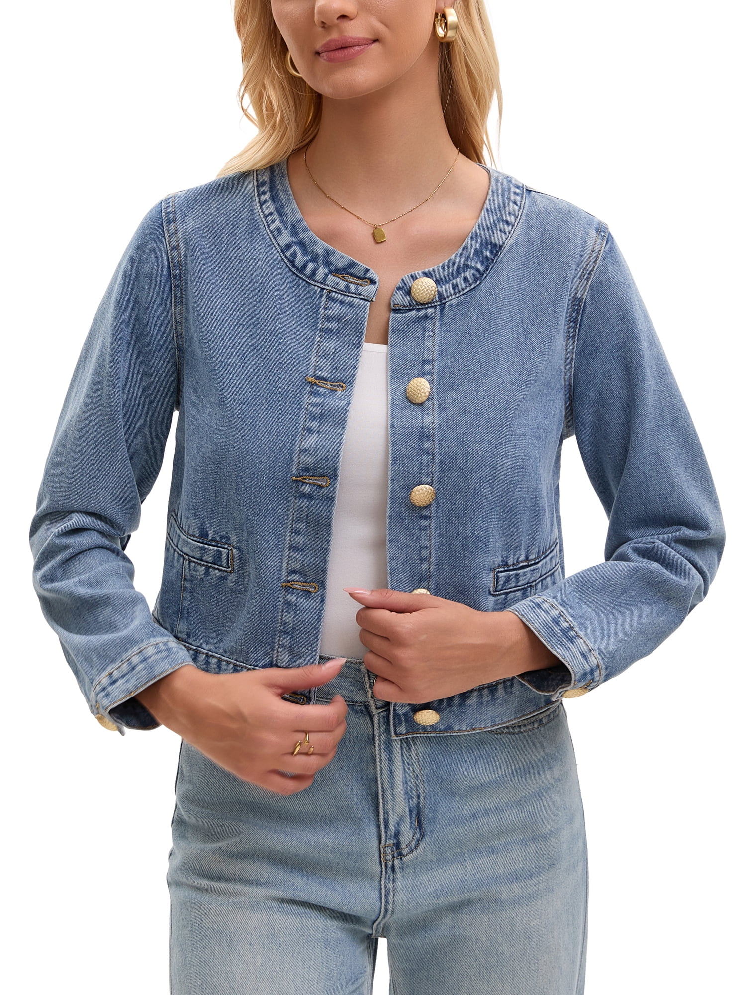 Women's Collarless Denim Jacket Long Sleeve 2026 Button Down Jean