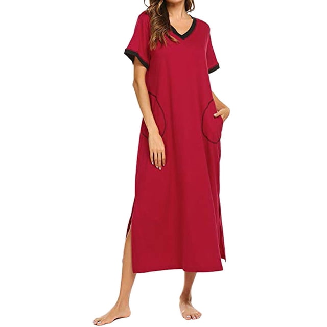 QIPOPIQ Robes pour Femmes avec Poches Manches Courtes Col en V Fente Latérale Vêtements de Nuit Robe d'Été Robe Longue Offres 2023