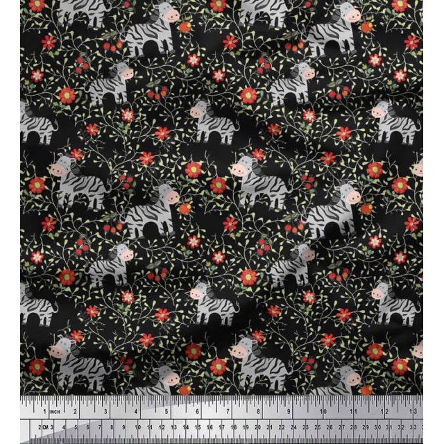 Soimoi Black Poly Georgette Fabric Leaves,Floral & Animal Cartoon Fabric Prints by Yard 52 Inch Wide